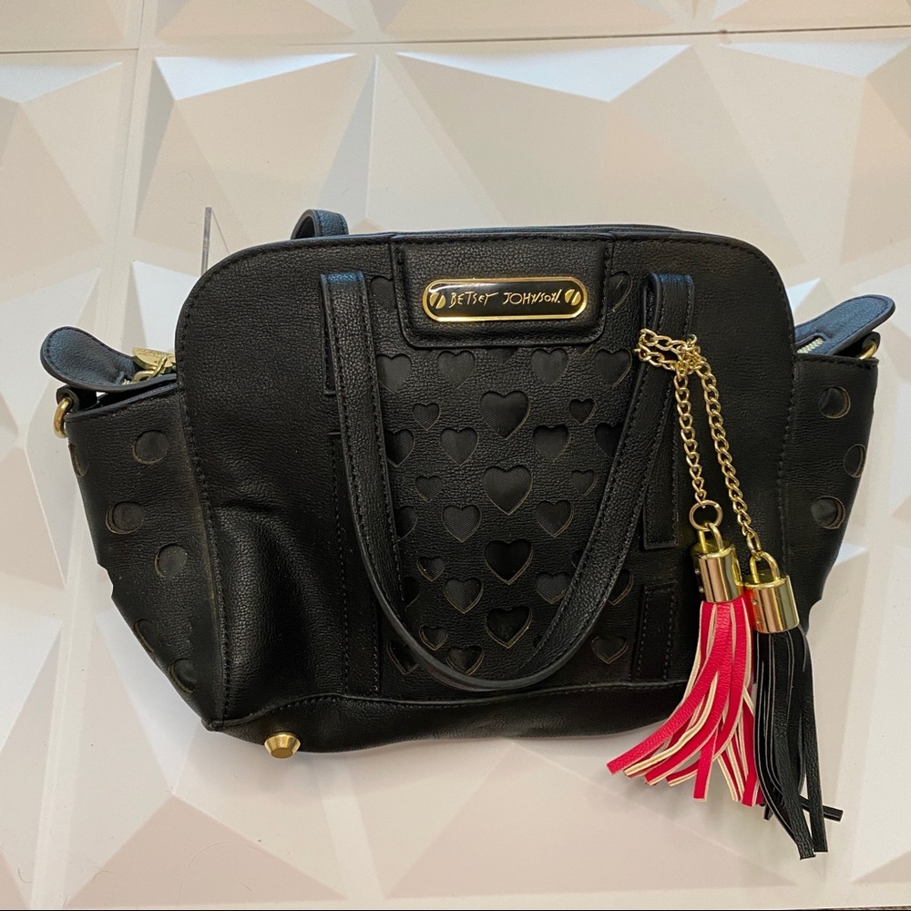 Betsey Johnson Black Leather Hearts Tassel Purse